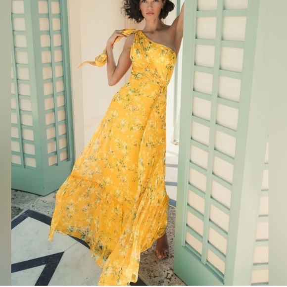 MAC DUGGAL Yellow Multi Floral One Shoulder Bow Pleated Maxi Dress - Reemoly
